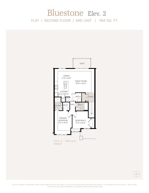 Floor plan for 2 beds, 2 baths, 1162 sqft